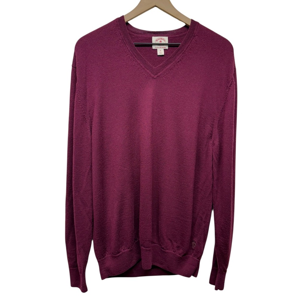 Brooks Brothers Extra Fine Merino Wool Sweater Men XL Maroon Red V-Neck Pullover